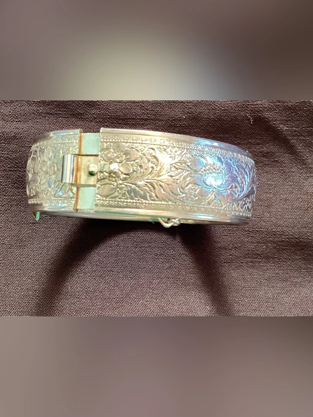 Vintage Victorian Revival Etched Silver Tone Bangle Bracelet